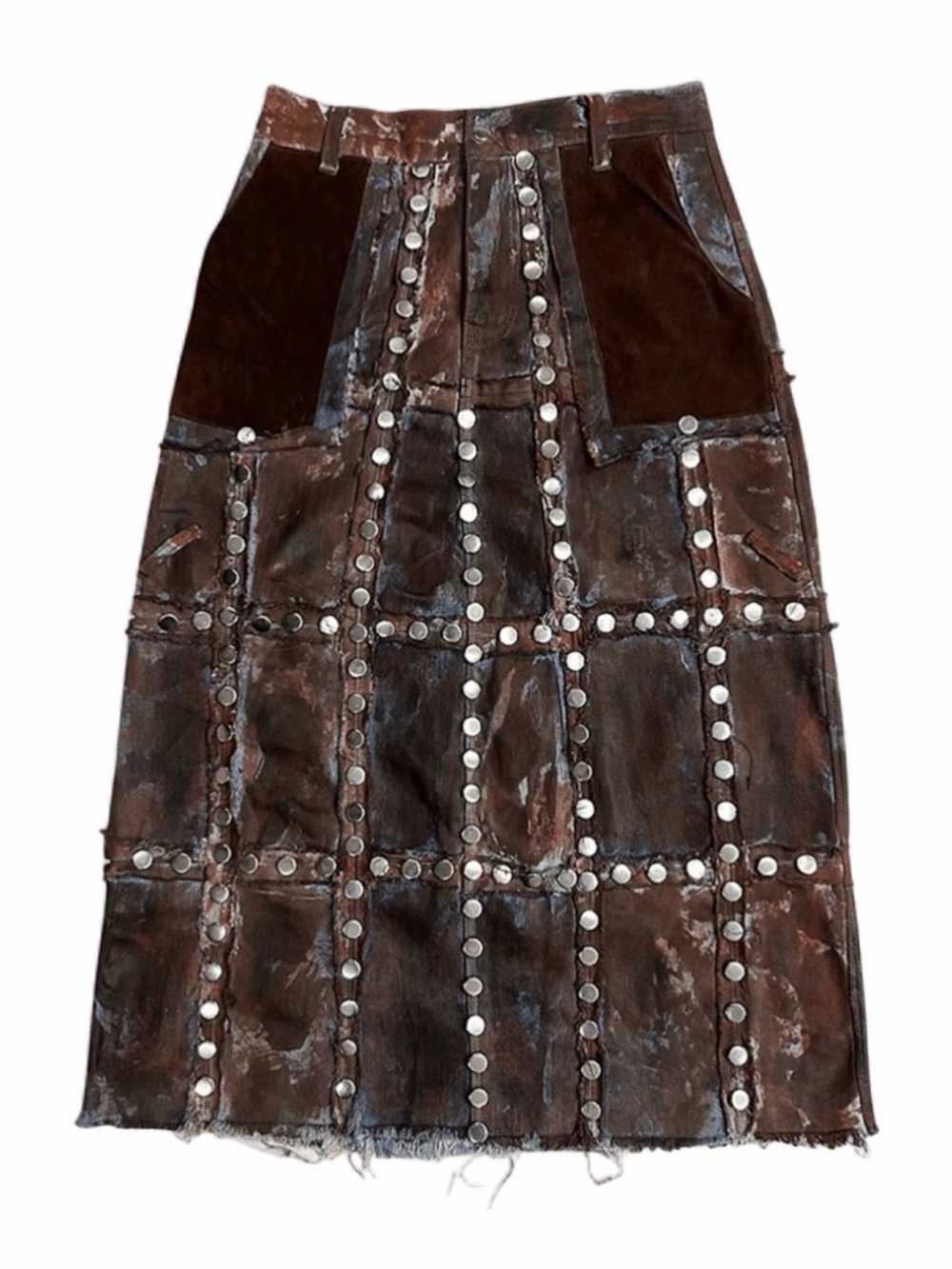 Brown Patchwork Studded Leather Midi Skirt